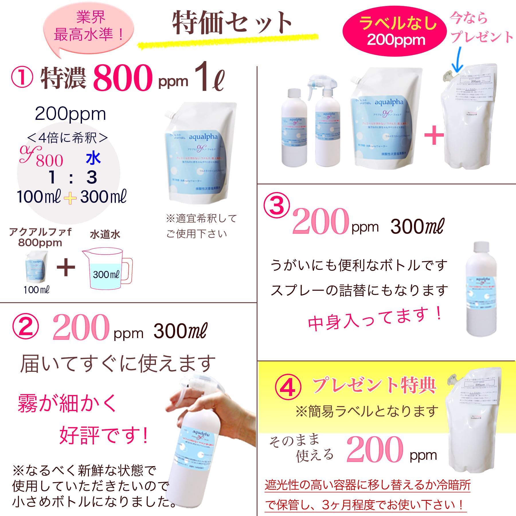 Amazon.co.jp: 感謝セット 次亜塩素酸水 微酸性 特濃800ppm 200ppm